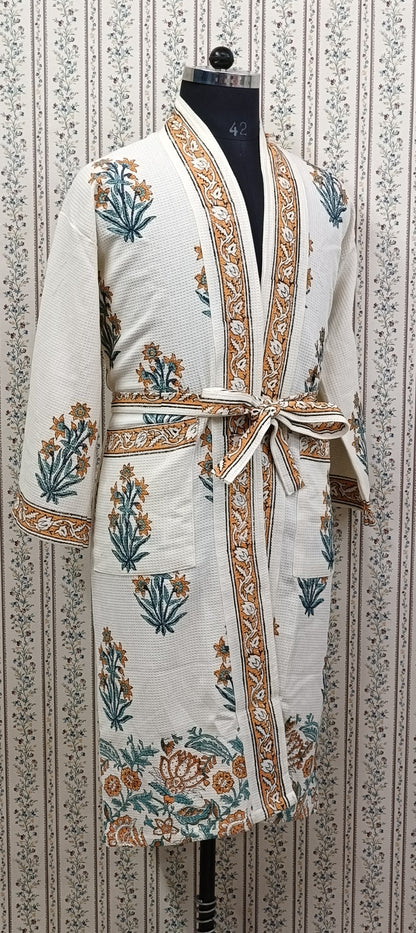 Waffle Cotton Handblock Printed Unisex Bathrobe - Free Size