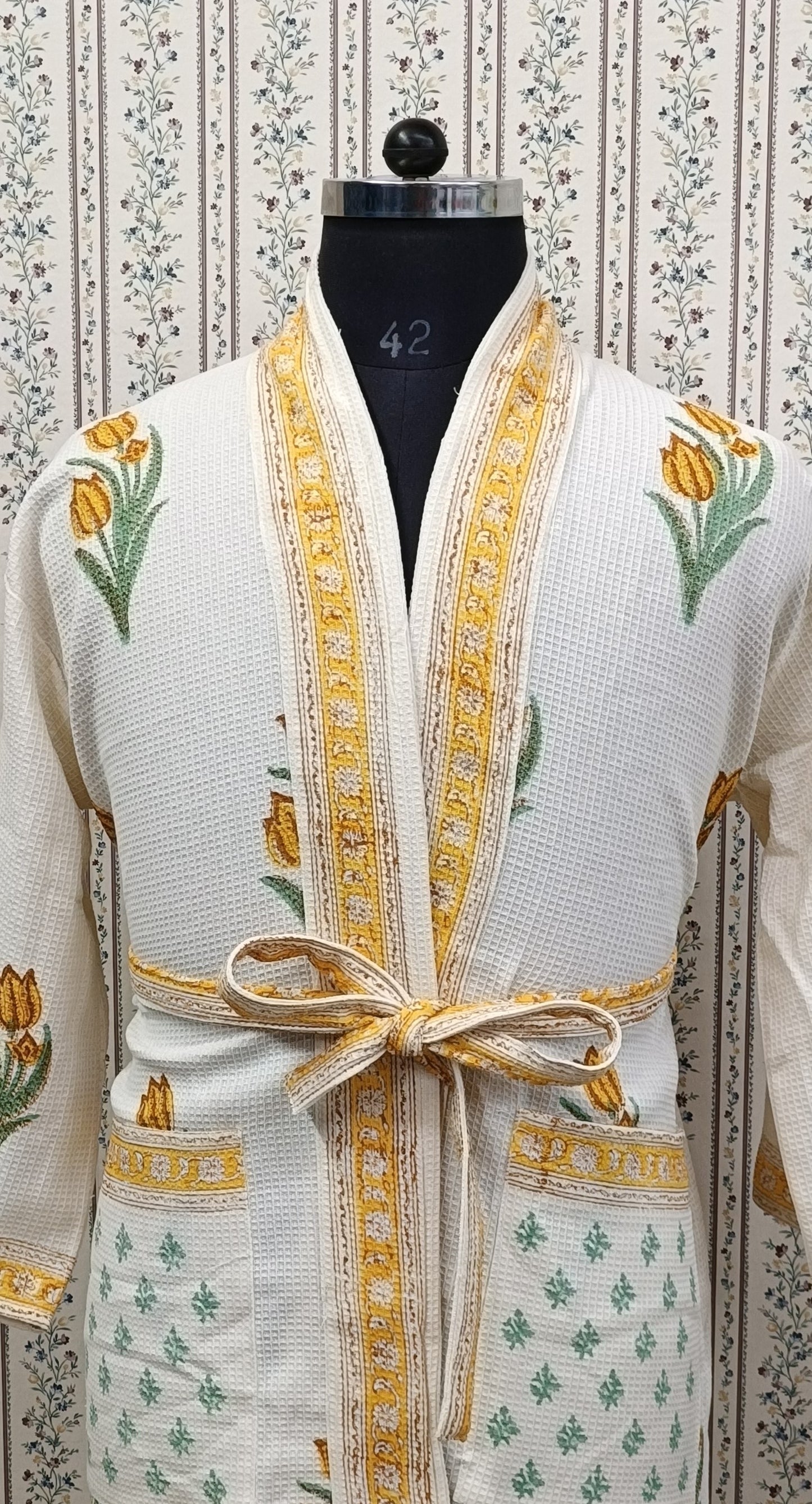 Waffle Cotton Handblock Printed Unisex Bathrobe - Free Size