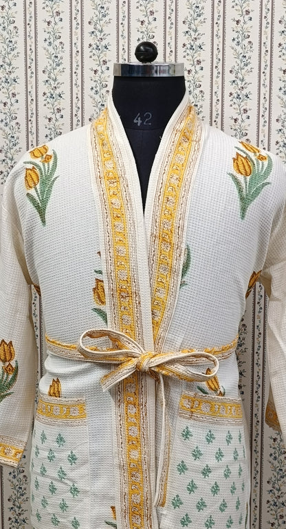 Waffle Cotton Handblock Printed Unisex Bathrobe - Free Size