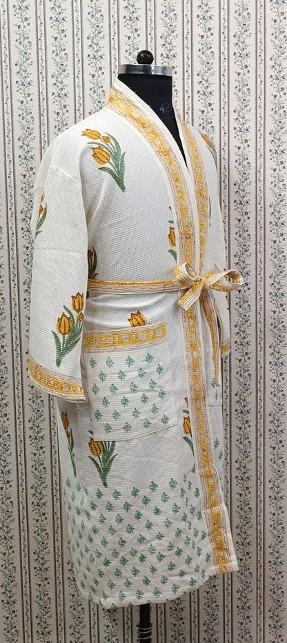 Waffle Cotton Handblock Printed Unisex Bathrobe - Free Size