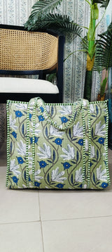 Handblock Printed Quilted Tote Bag with concealed zip ( 17x18x 6 inches)
