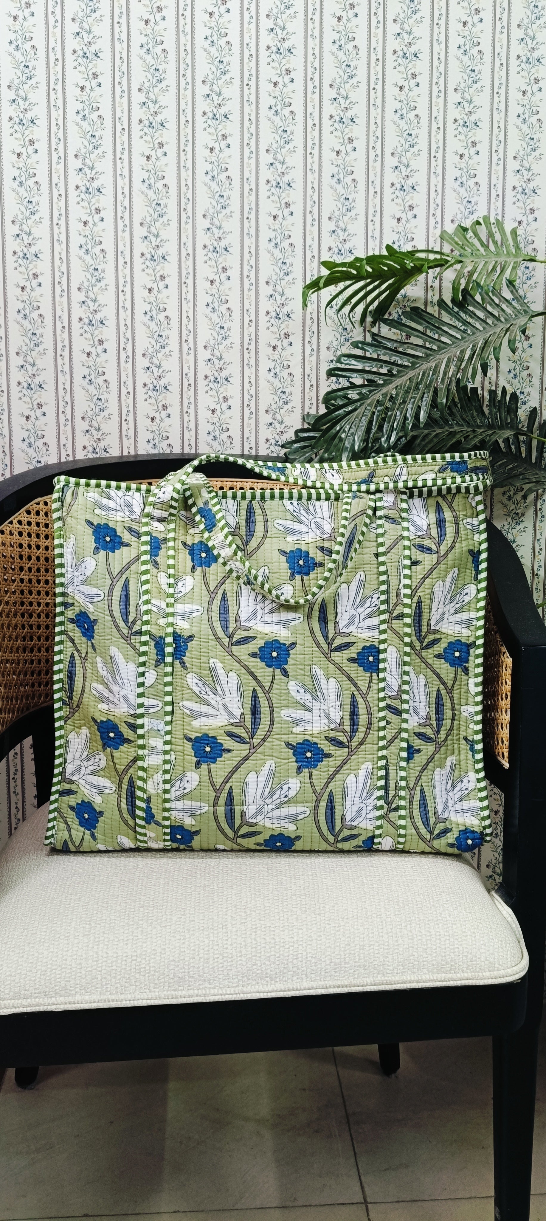 Handblock Printed Quilted Tote Bag with concealed zip ( 17x18x 6 inches)