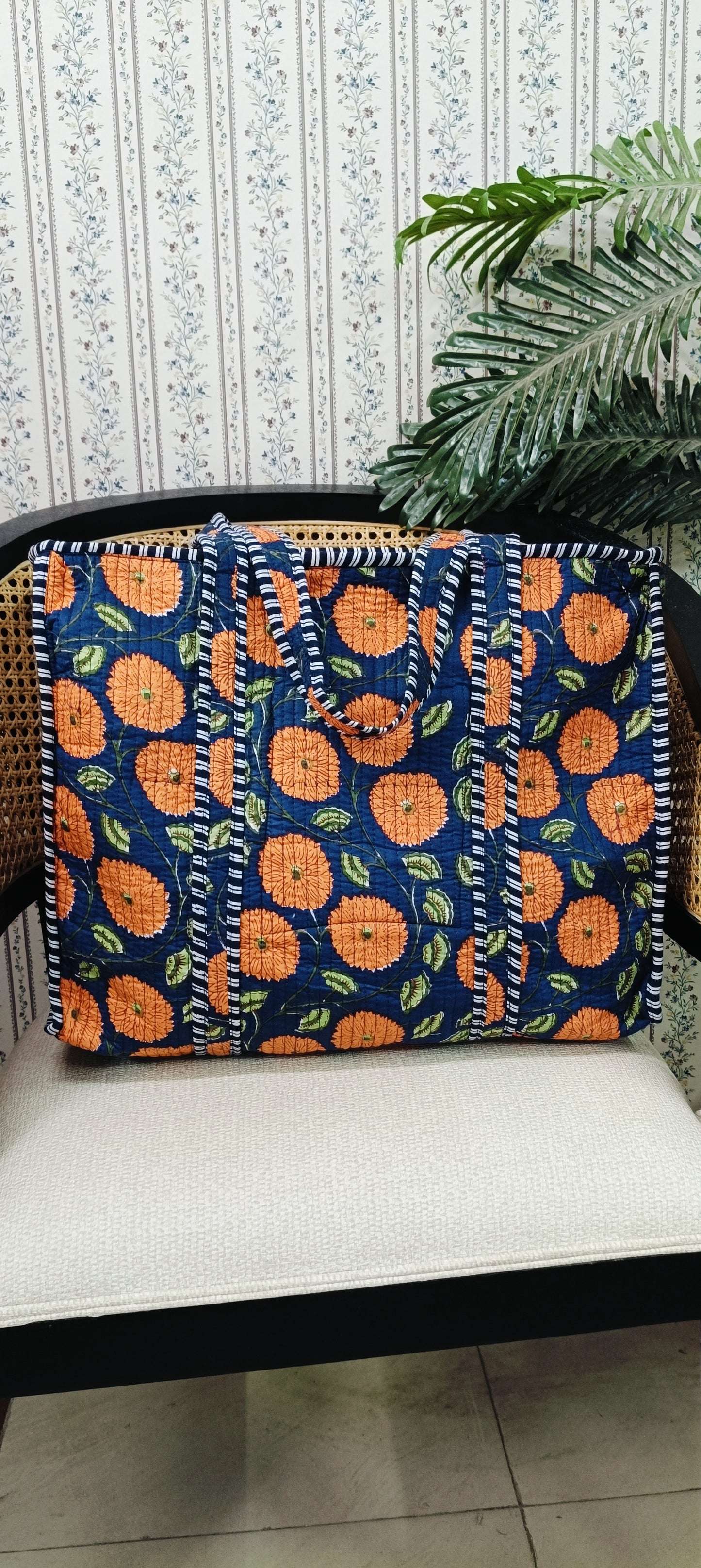 Handblock Printed Quilted Tote Bag with concealed zip ( 17x18x 6 inches)