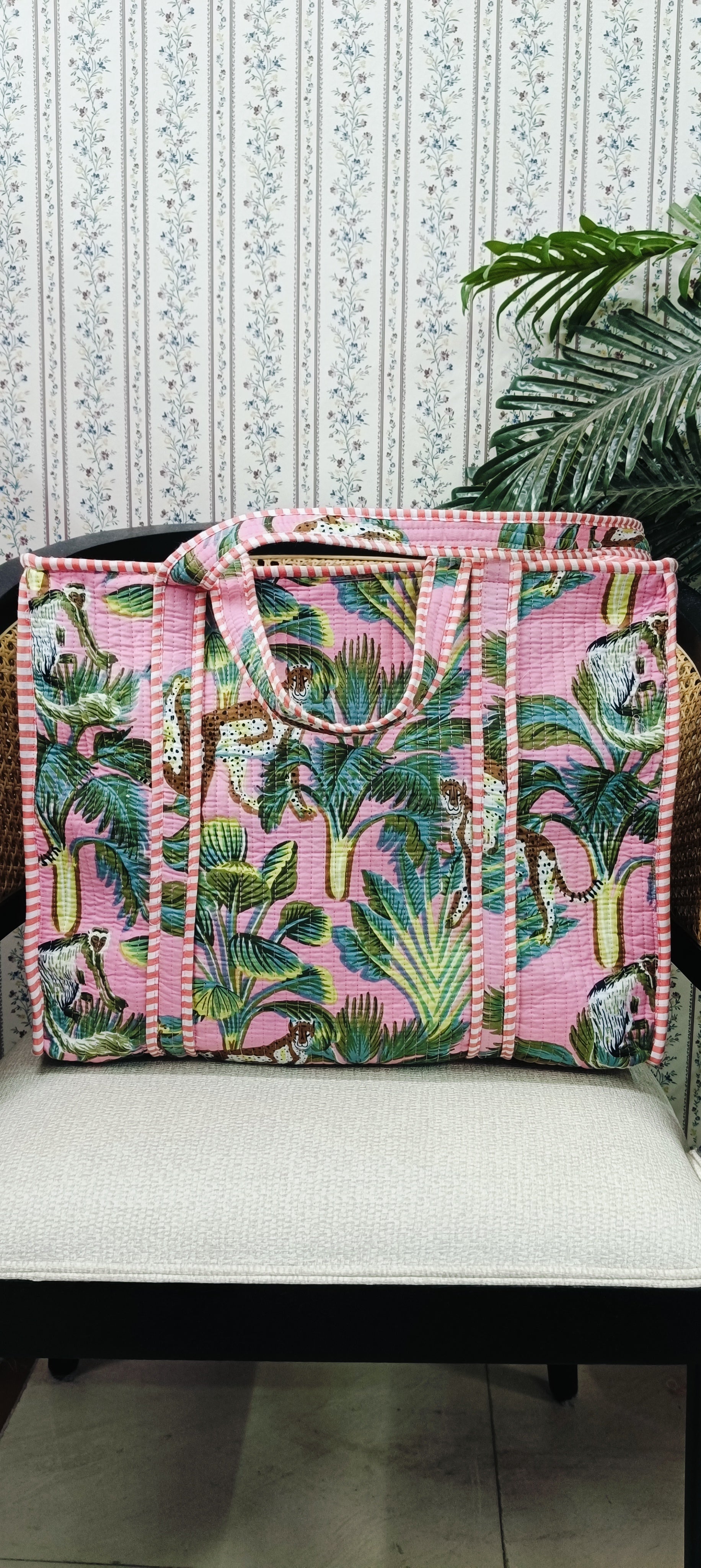Handblock Printed Quilted Tote Bag with concealed zip ( 17x18x 6 inches)