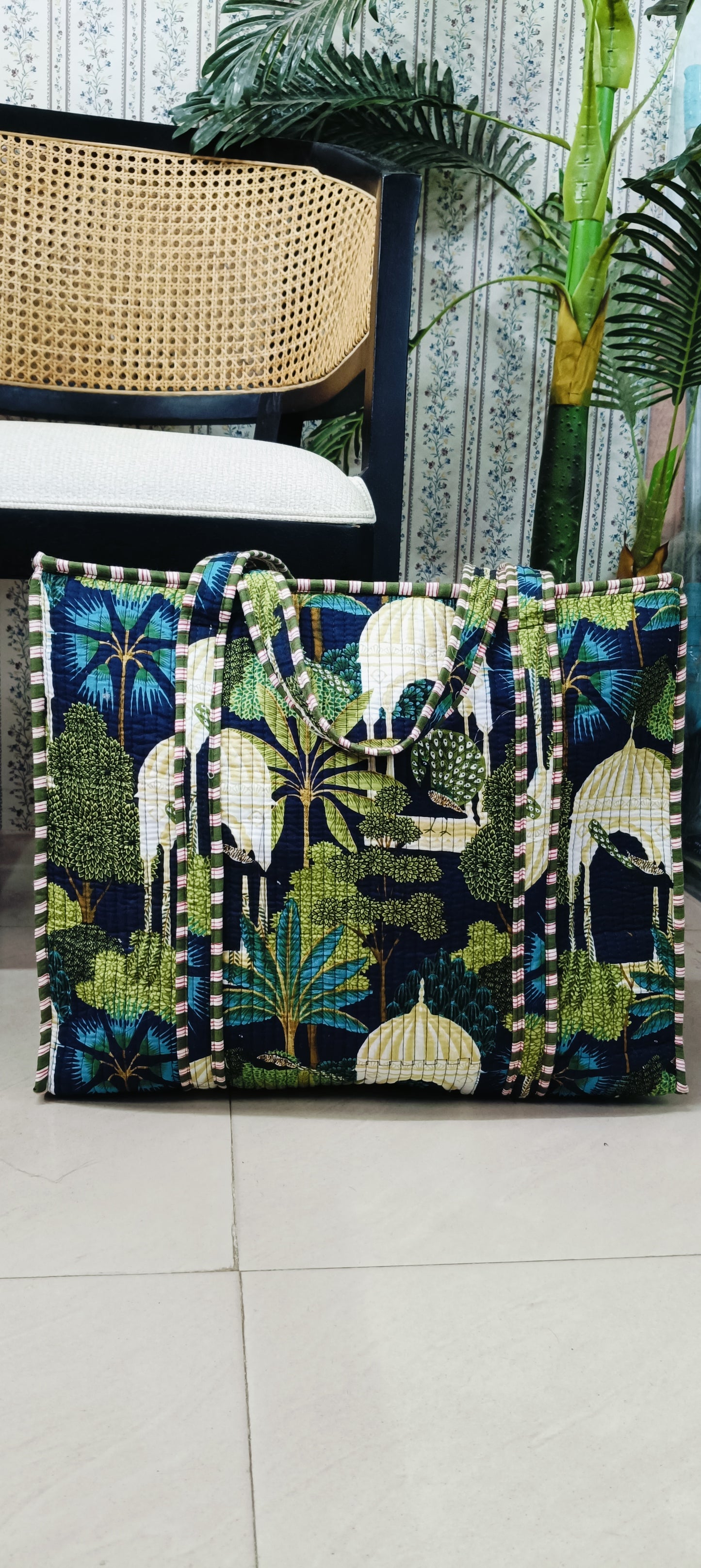 Handblock Printed Quilted Tote Bag with concealed zip ( 17x18x 6 inches)