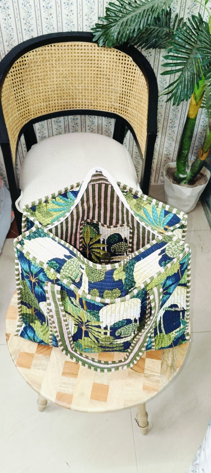 Handblock Printed Quilted Tote Bag with concealed zip ( 17x18x 6 inches)