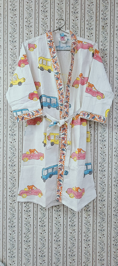 Handblock printed waffle cotton bathrobe for kids - 4-13 years old