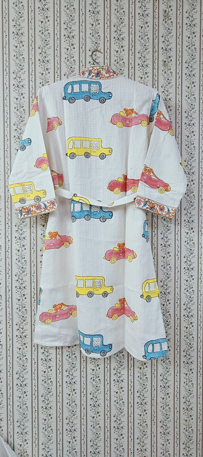 Handblock printed waffle cotton bathrobe for kids - 4-13 years old