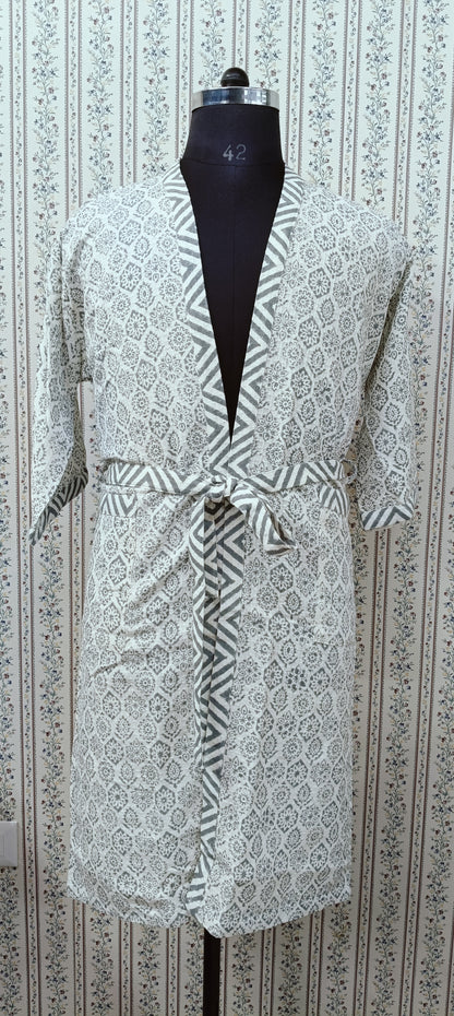 Waffle Cotton Handblock Printed Unisex Bathrobe - Free Size