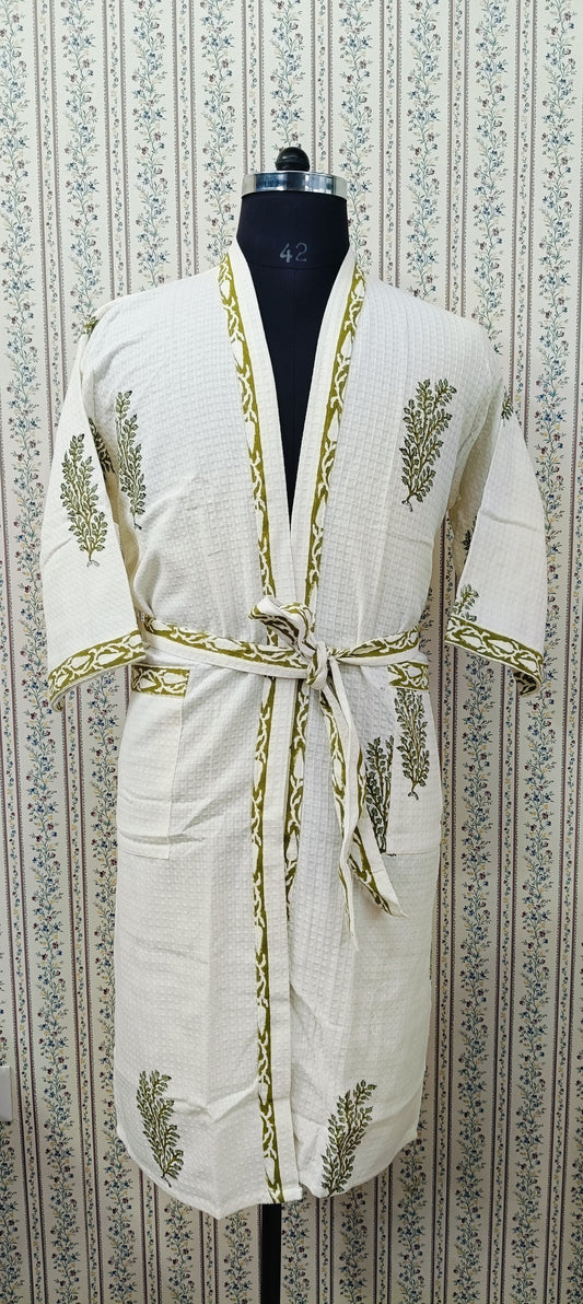 Waffle Cotton Handblock Printed Unisex Bathrobe - Free Size