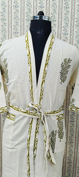 Waffle Cotton Handblock Printed Unisex Bathrobe - Free Size