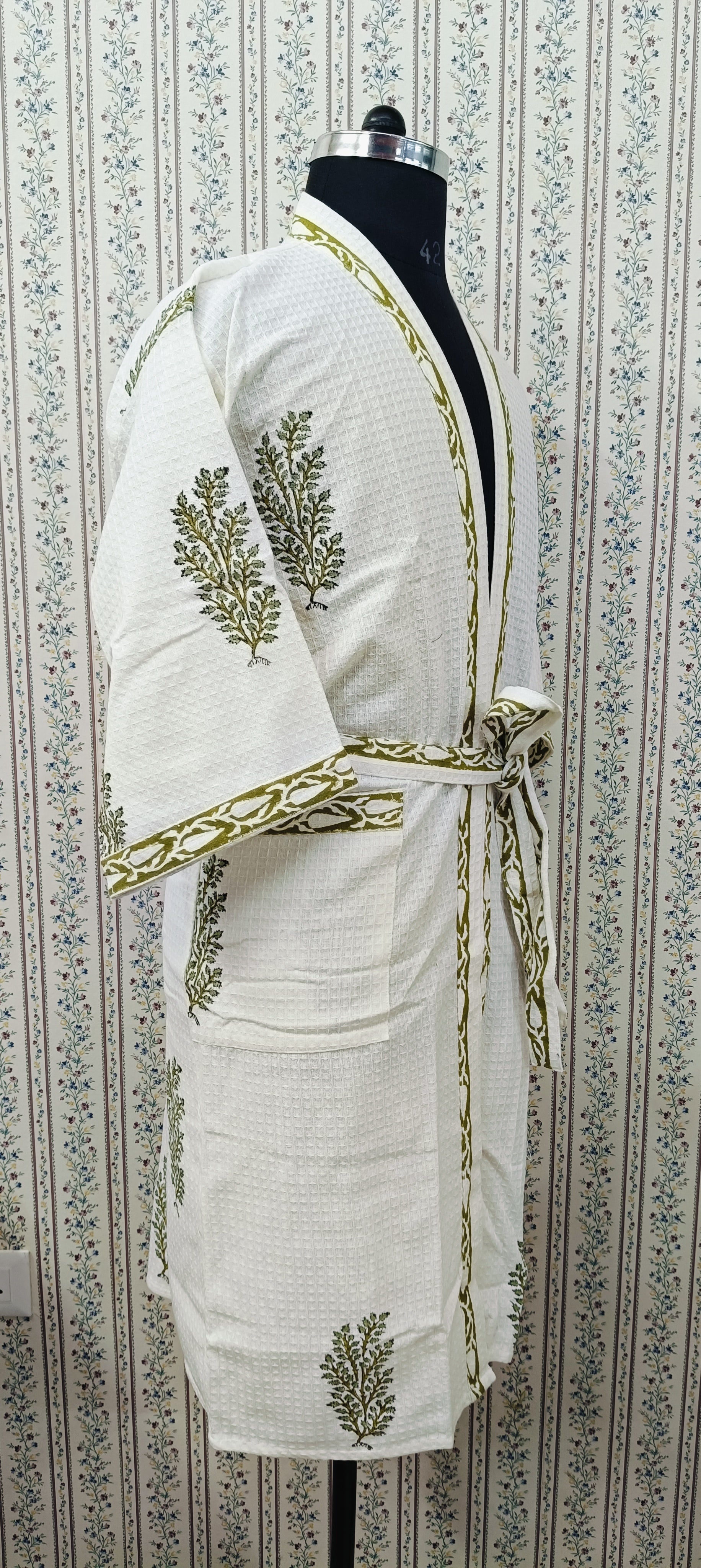 Waffle Cotton Handblock Printed Unisex Bathrobe - Free Size