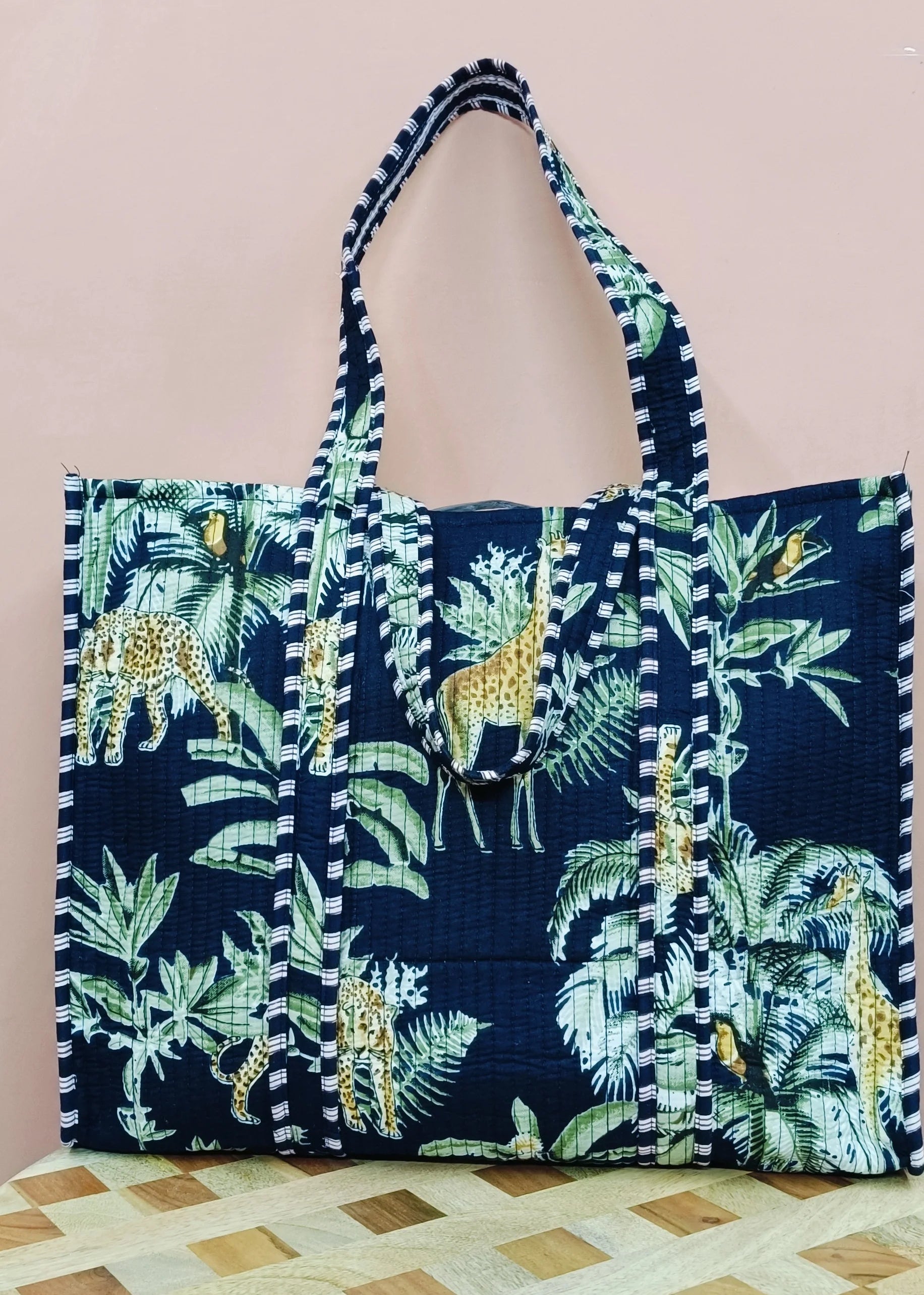 Handblock Printed Quilted Tote Bag without zip/button 17x18x 6 inches