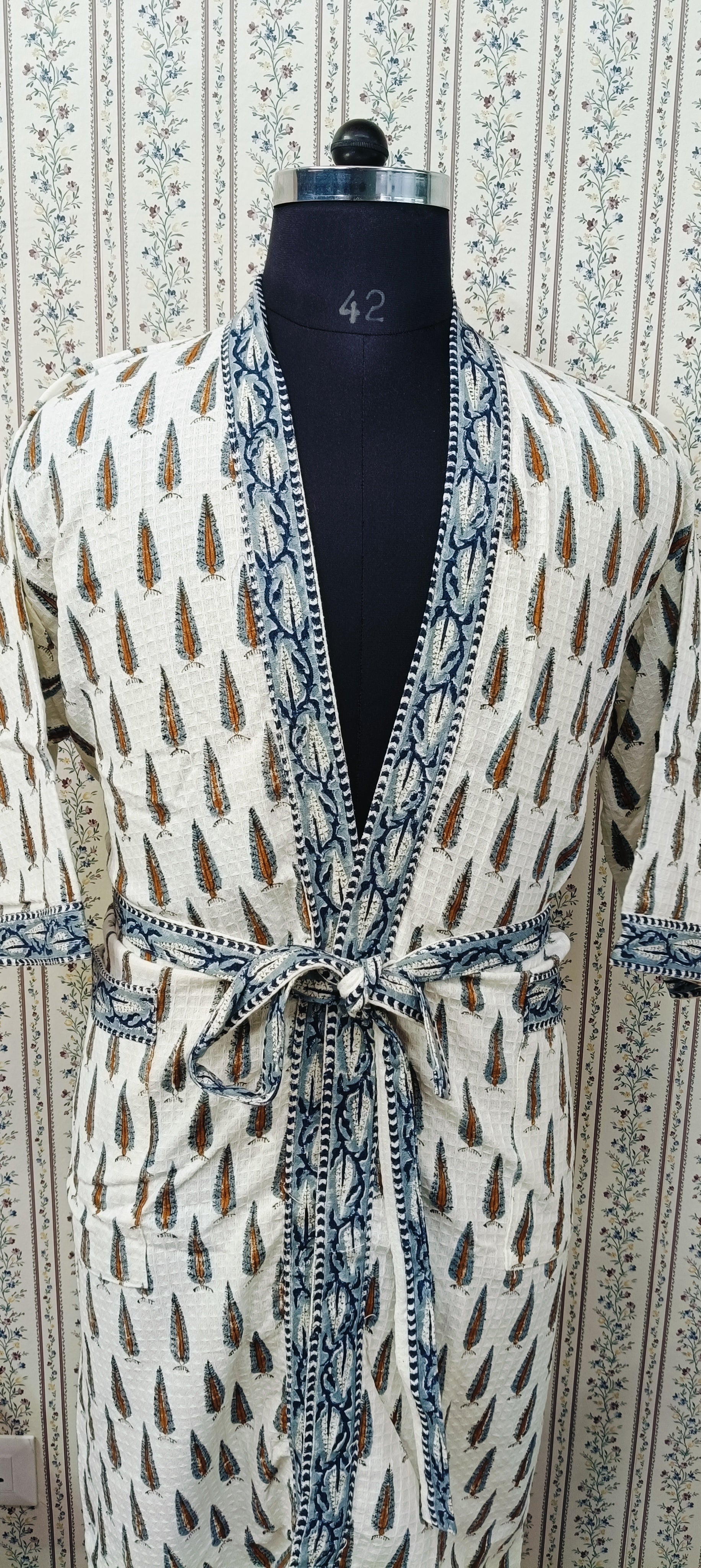 Waffle Cotton Handblock Printed Unisex Bathrobe - Free Size