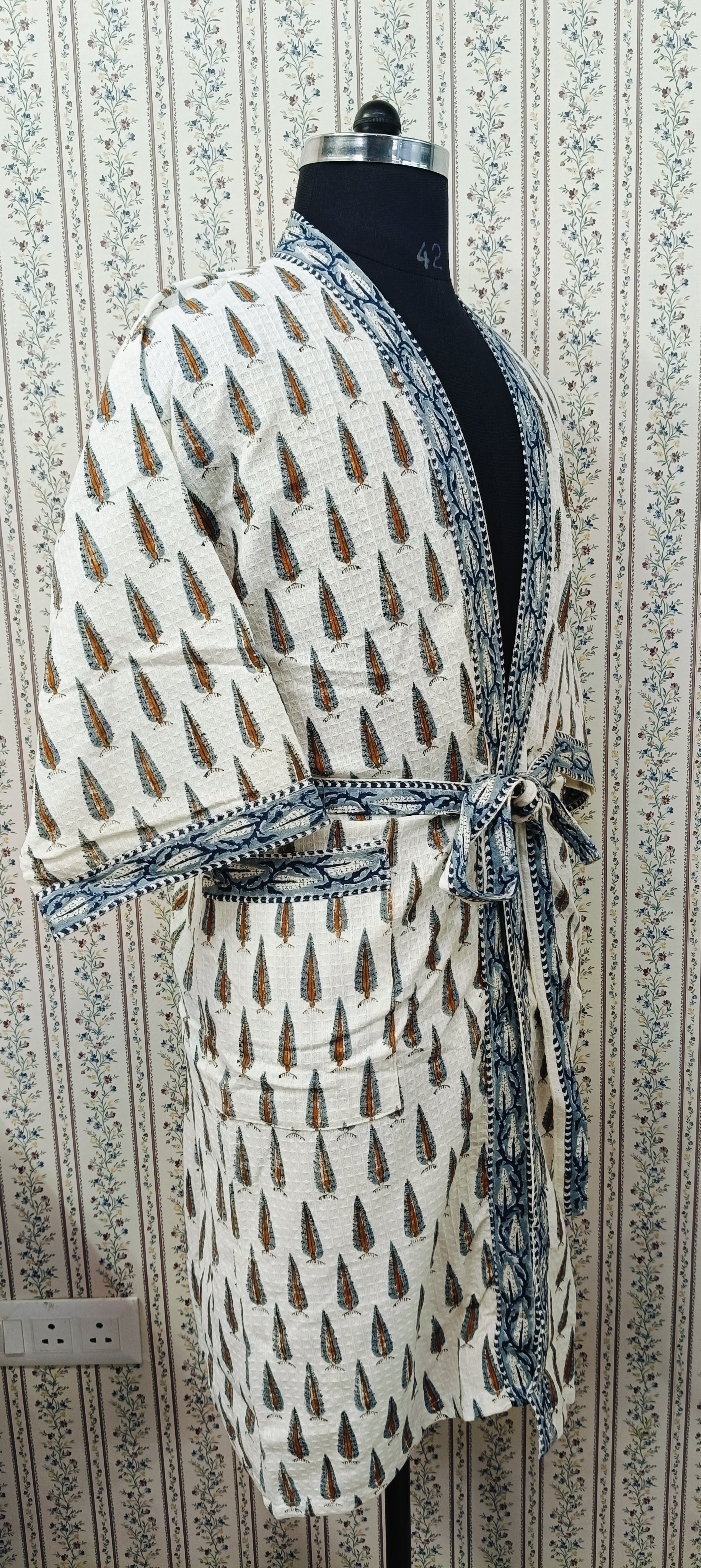 Waffle Cotton Handblock Printed Unisex Bathrobe - Free Size