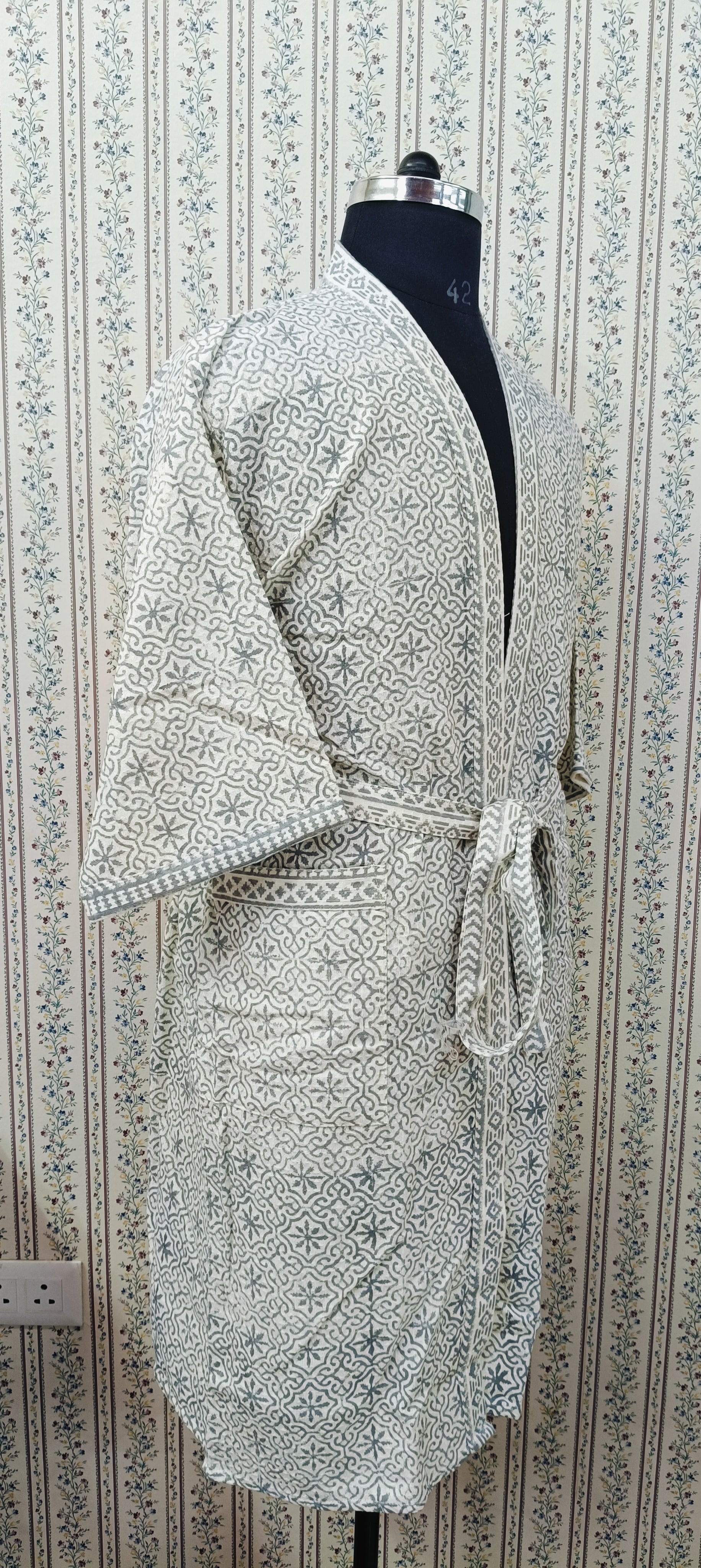 Waffle Cotton Handblock Printed Unisex Bathrobe - Free Size