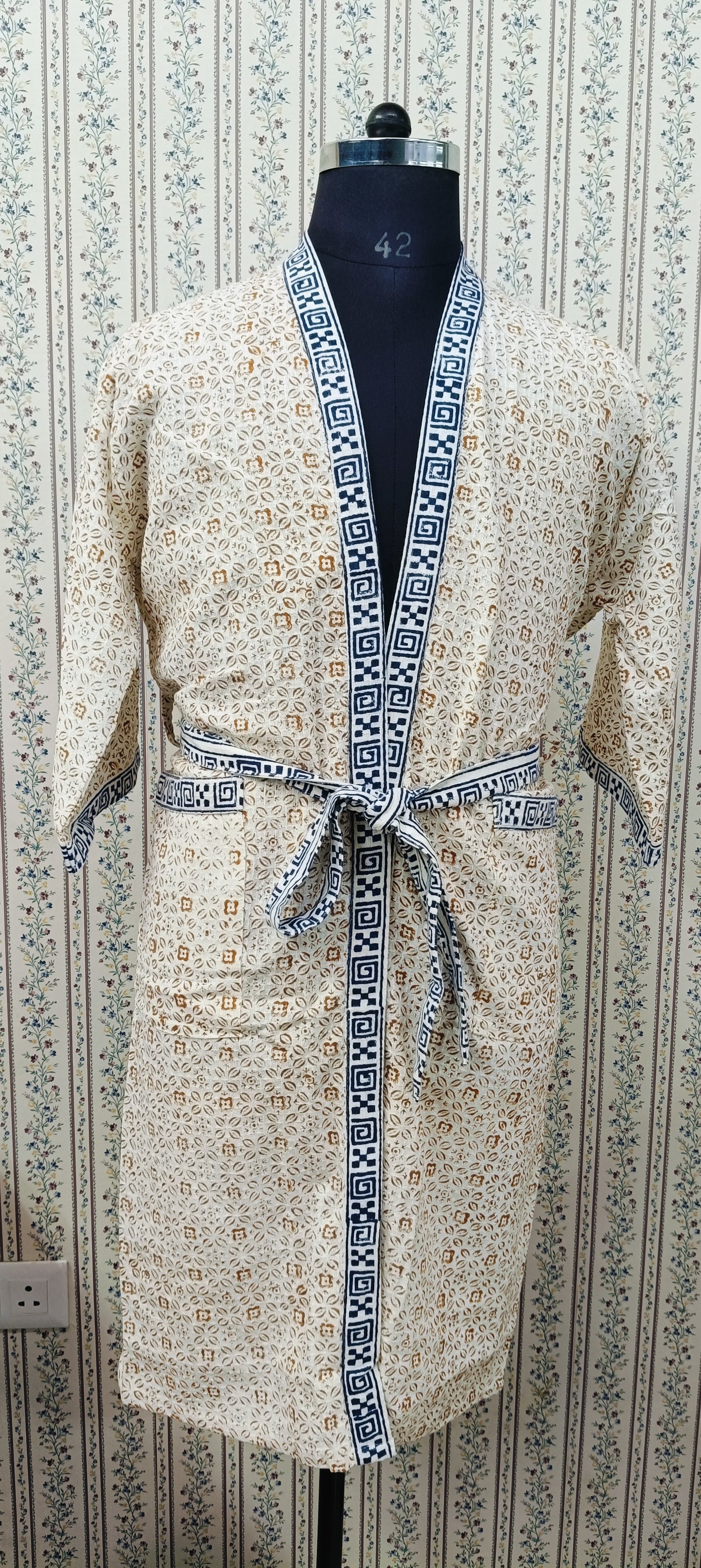 Waffle Cotton Handblock Printed Unisex Bathrobe - Free Size