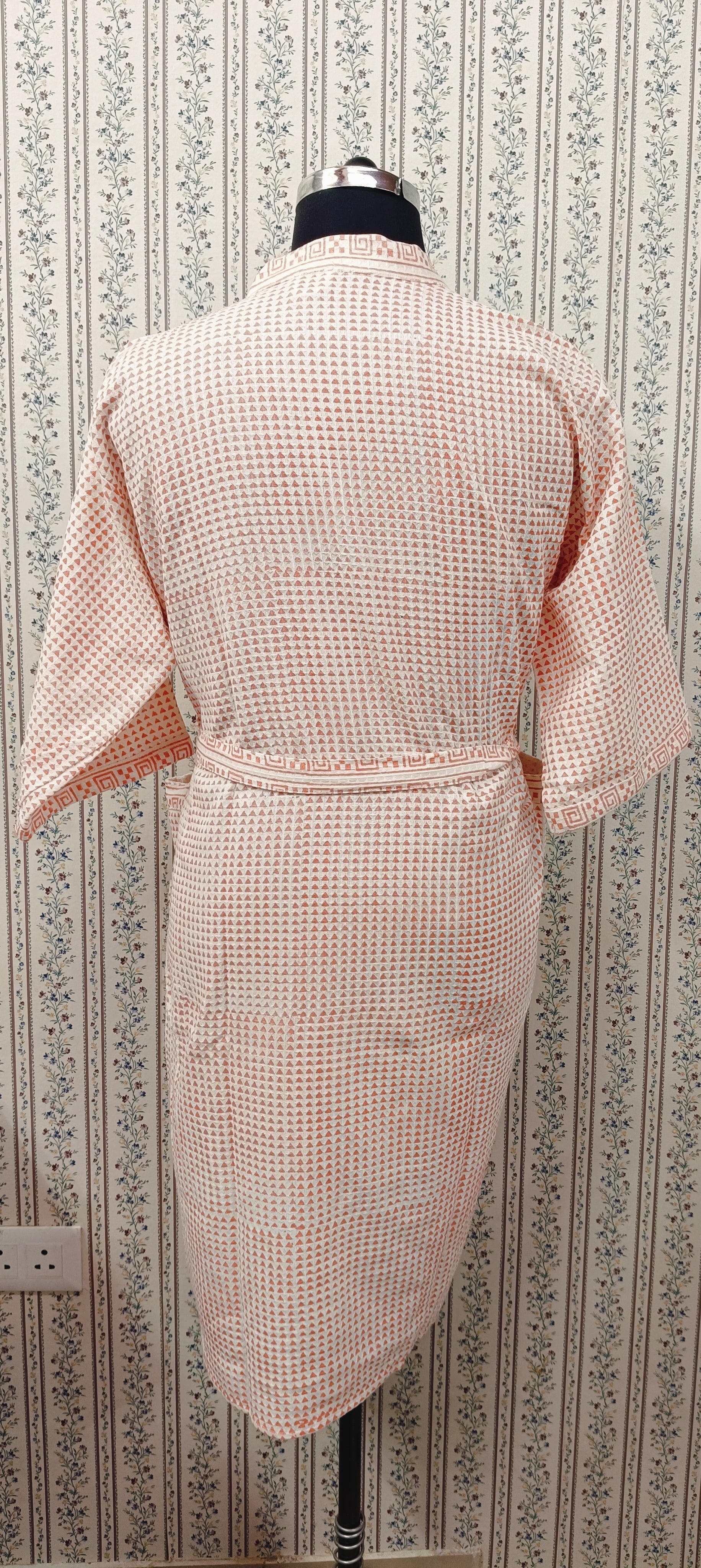 Waffle Cotton Handblock Printed Unisex Bathrobe - Free Size