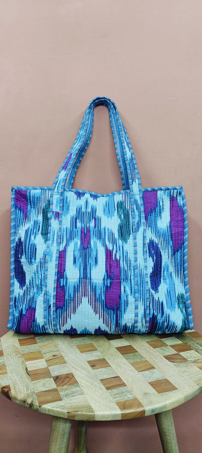 Handblock Printed Quilted Tote Bag with concealed zip ( 17x18x 6 inches)