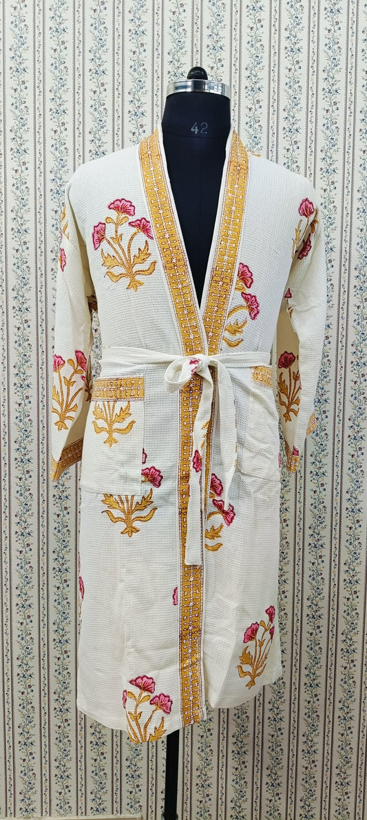 Waffle Cotton Handblock Printed Unisex Bathrobe - Free Size