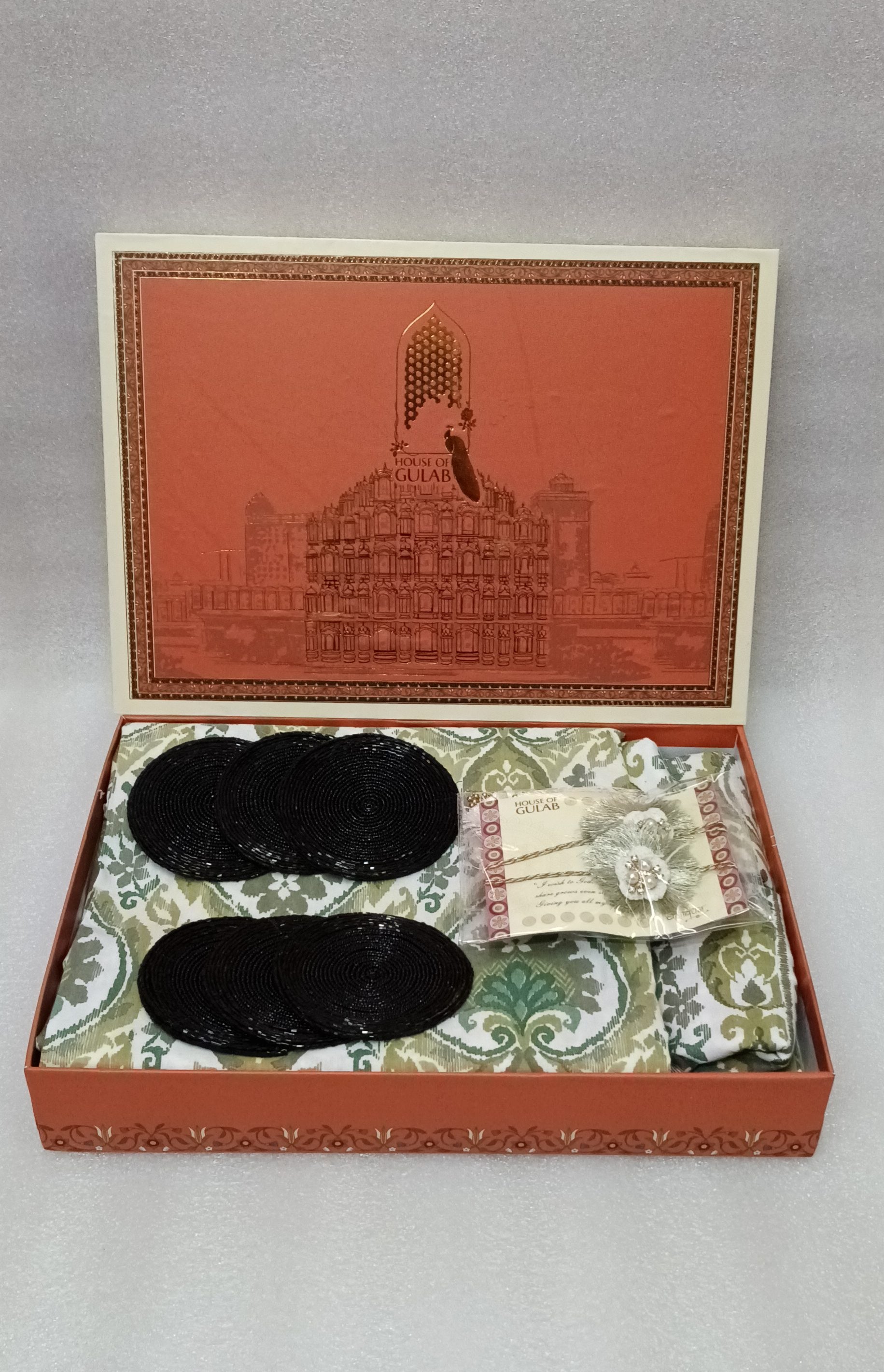 Rakhi Gift Box – Premium Double Cotton Bedsheet, 2 Rakhi & 6 Beaded Coasters