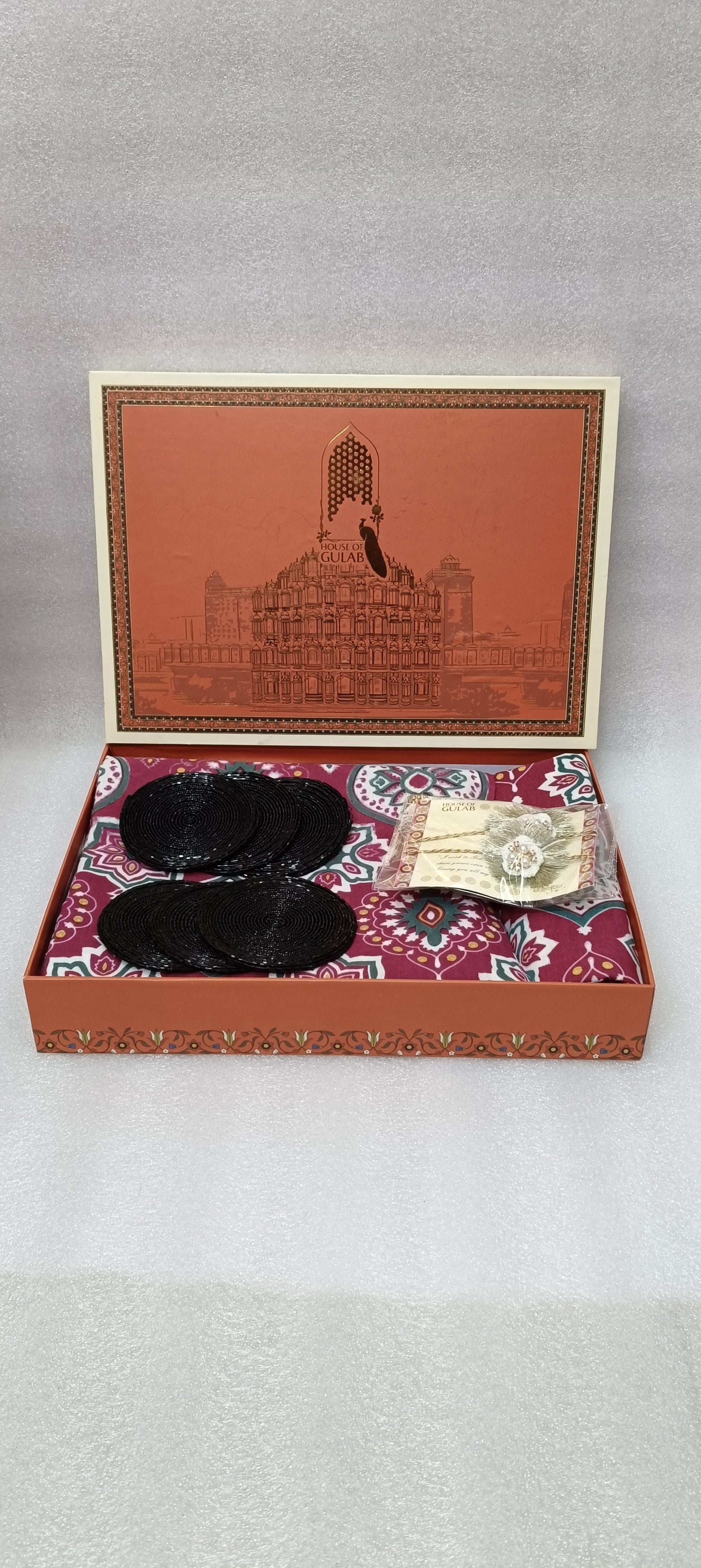 Diwali Gift Box – Premium Double Cotton Bedsheet, 2 Rakhi & 6 Beaded Coasters