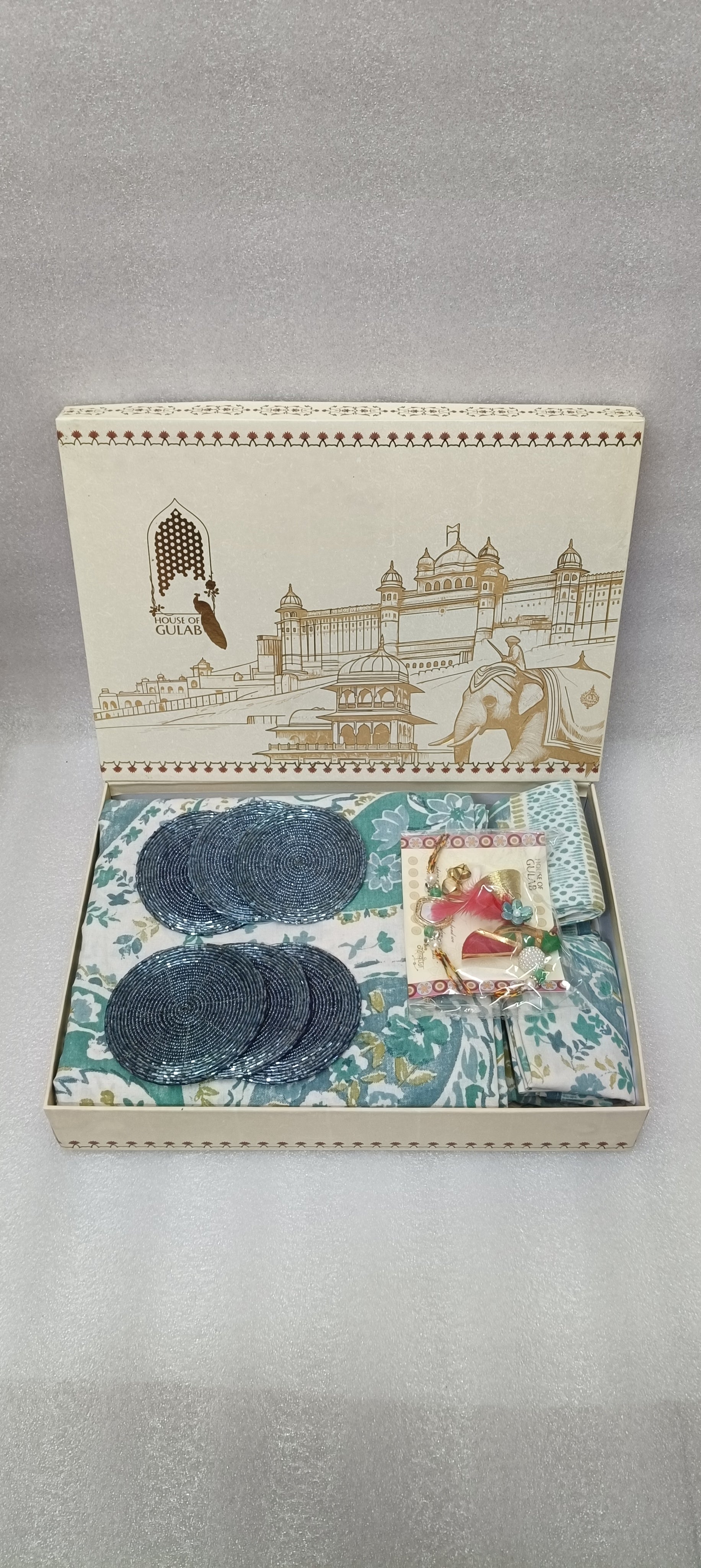 Diwali Gift Box – Premium Super King Cotton Bedsheet, 2 Rakhi & 6 Beaded Coasters