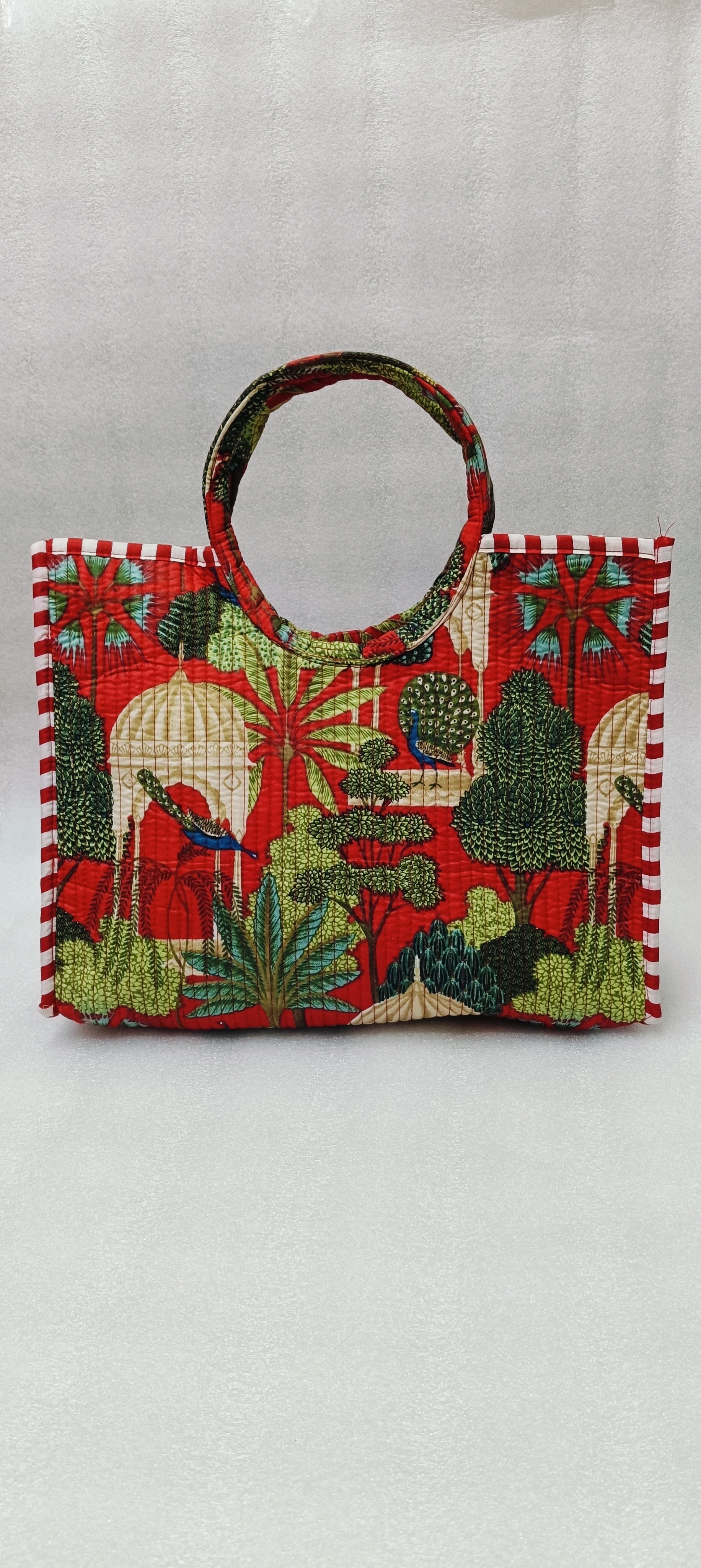 Handblock Printed Cotton Tote Bag with Unique Moon-Shaped Handle- 14x14x6 inches