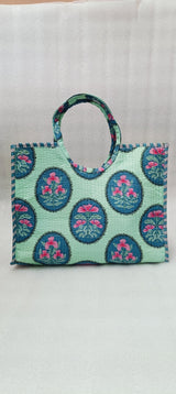 Handblock Printed Cotton Tote Bag with Unique Moon-Shaped Handle- 14x14x6 inches
