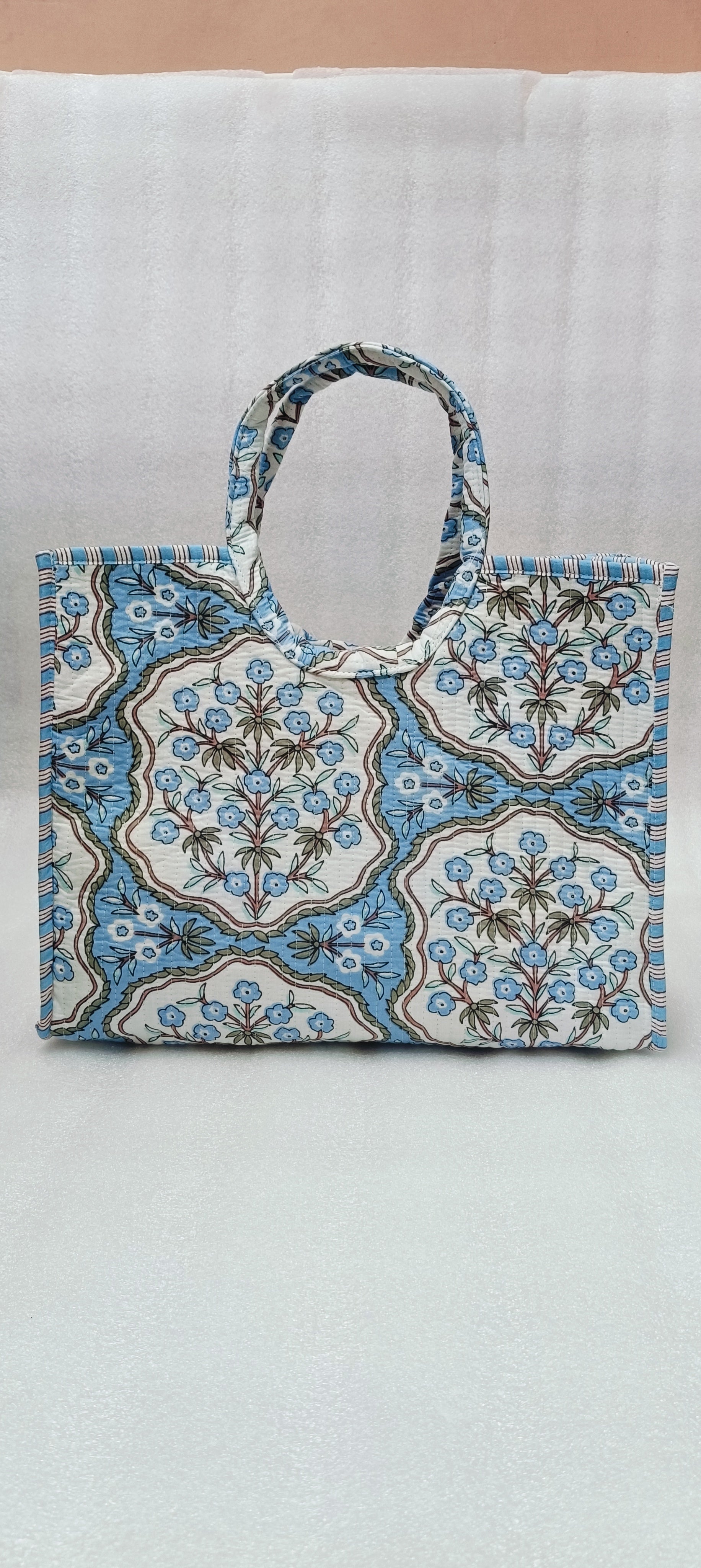 Handblock Printed Cotton Tote Bag with Unique Moon-Shaped Handle- 14x14x6 inches