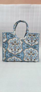 Handblock Printed Cotton Tote Bag with Unique Moon-Shaped Handle- 14x14x6 inches