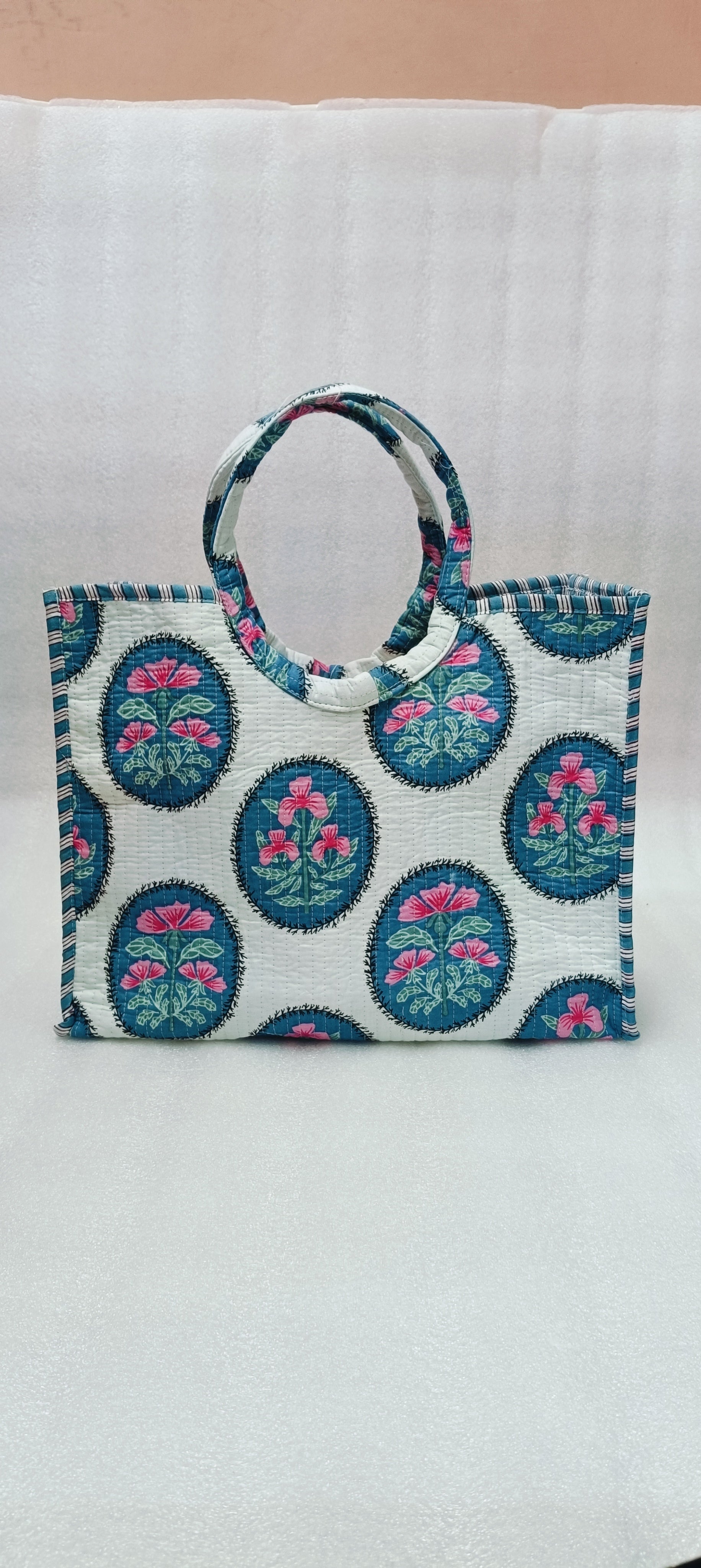 Handblock Printed Cotton Tote Bag with Unique Moon-Shaped Handle- 14x14x6 inches