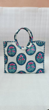 Handblock Printed Cotton Tote Bag with Unique Moon-Shaped Handle- 14x14x6 inches