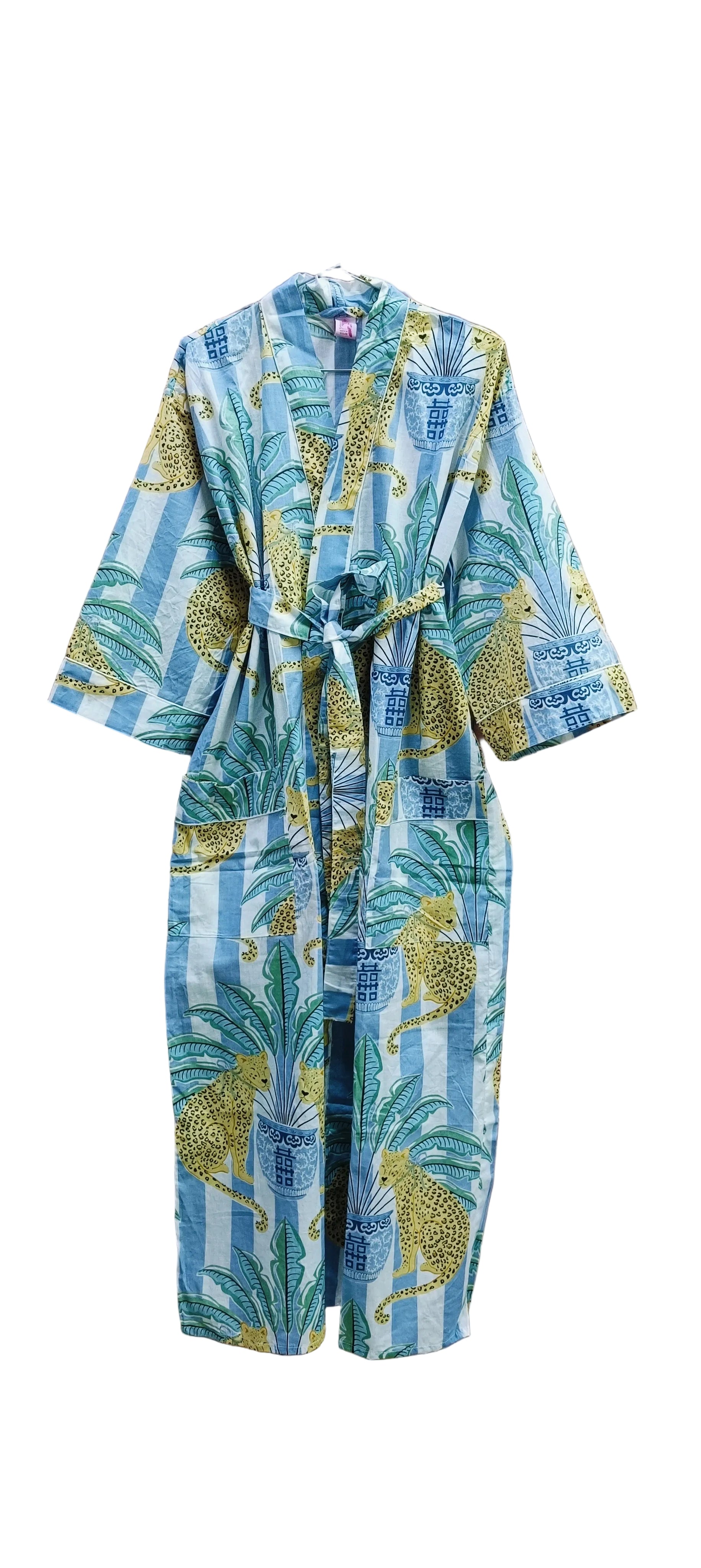 Cotton Kimono Handblock Printed Unisex Bathrobe - Free Size