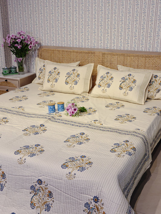 Double King Size Bedding Set-Handblock Bedsheet, Quilted Bedcover, 4 Pillow Covers