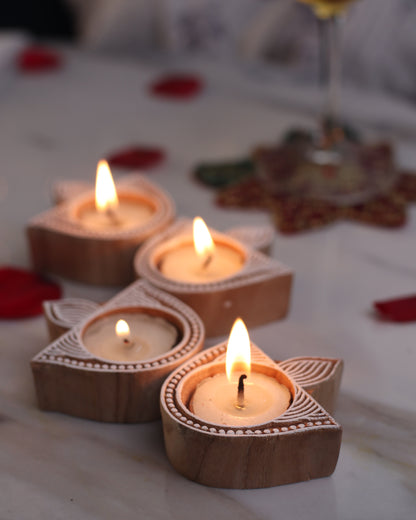 Diwali Gift Box – Set of 4 Diya Shaped Handblock Candle Holders with T-Light Candles