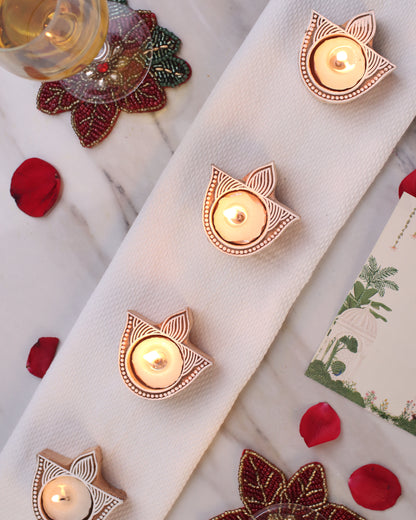 Diwali Gift Box – Set of 4 Diya Shaped Handblock Candle Holders with T-Light Candles