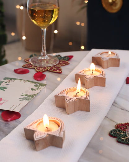 Diwali Gift Box – Set of 4 Diya Shaped Handblock Candle Holders with T-Light Candles