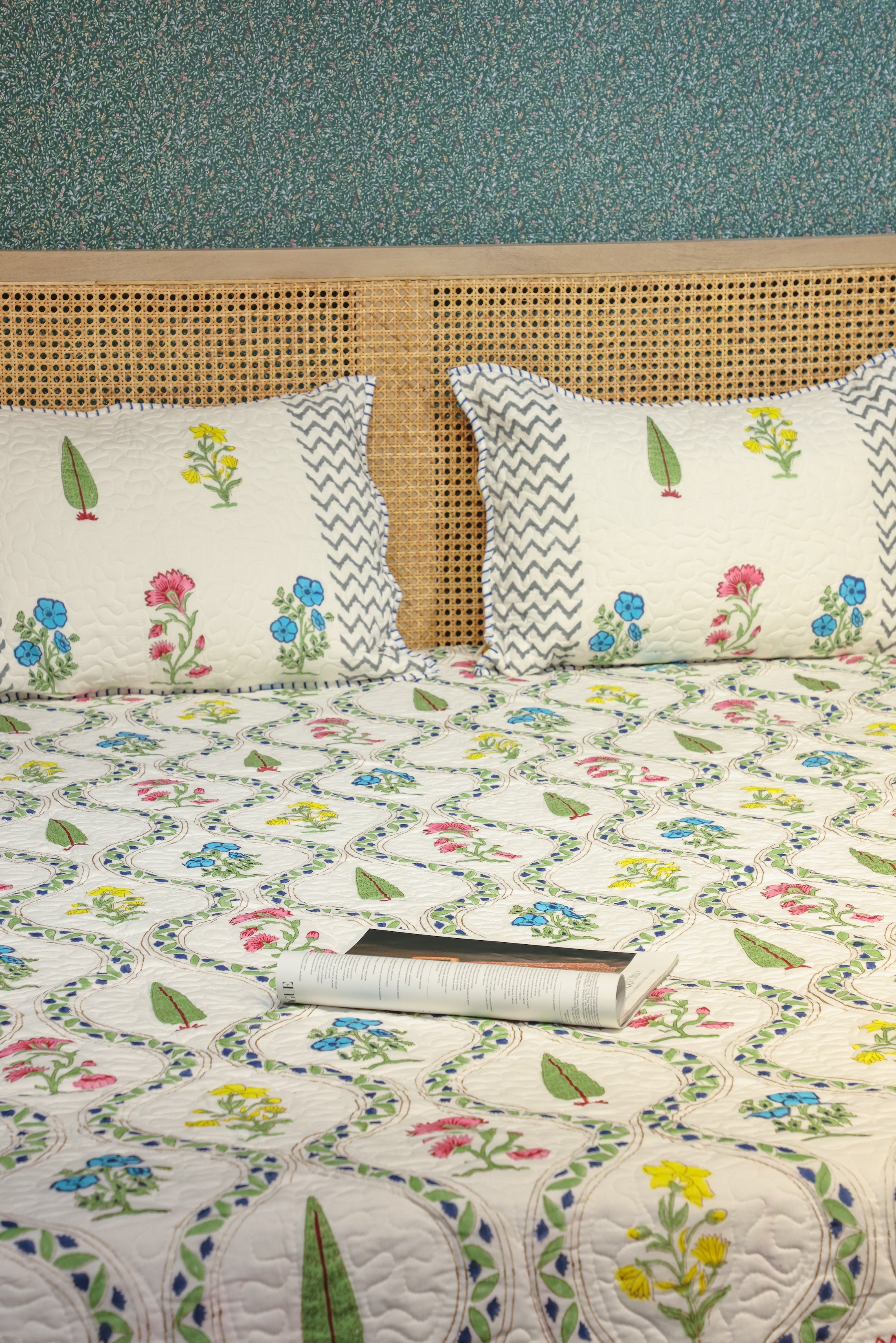 Handblock Printed Reversible Paani Jaal Quilted Bedcover with 2 Pillow Covers