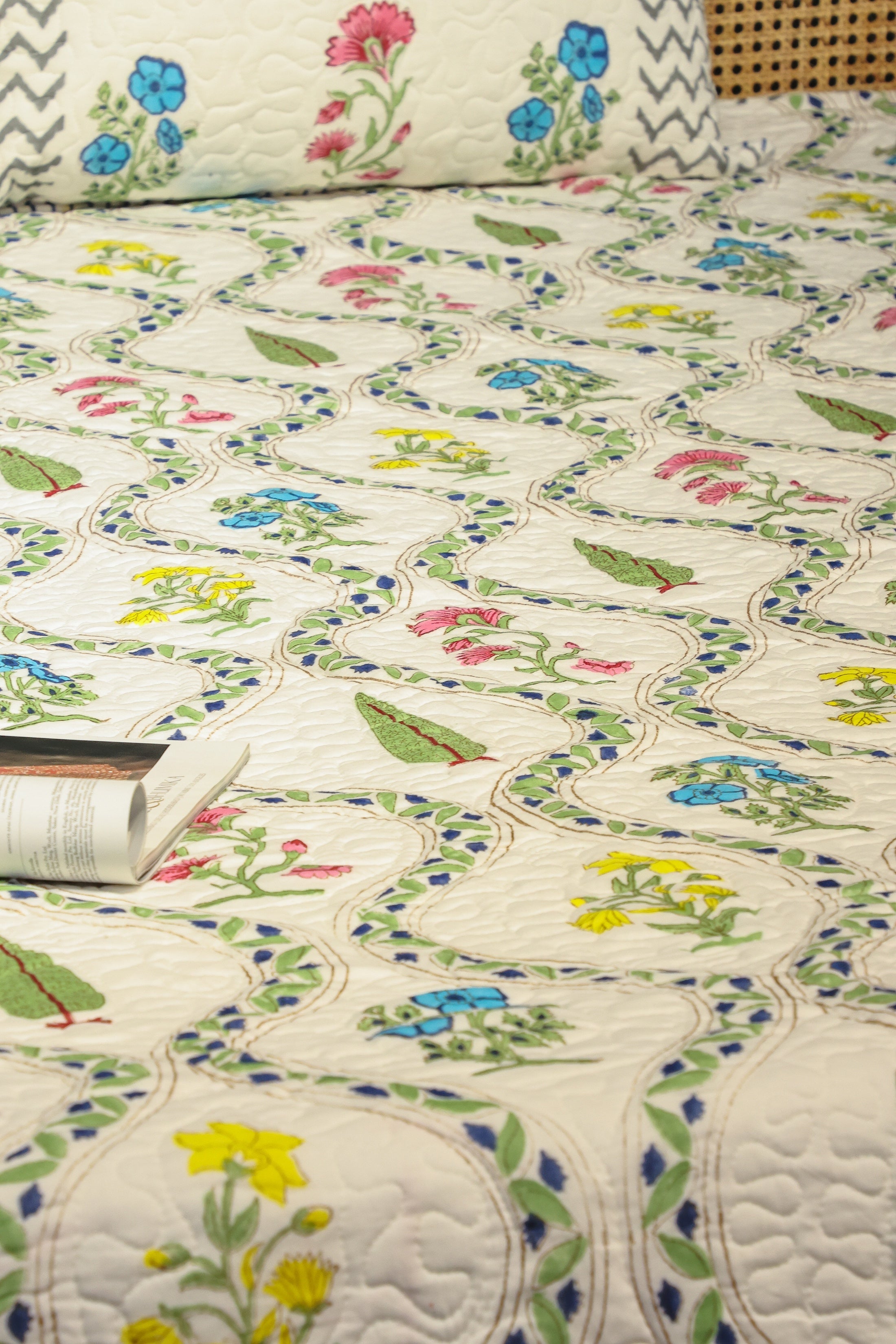 Handblock Printed Reversible Paani Jaal Quilted Bedcover with 2 Pillow Covers