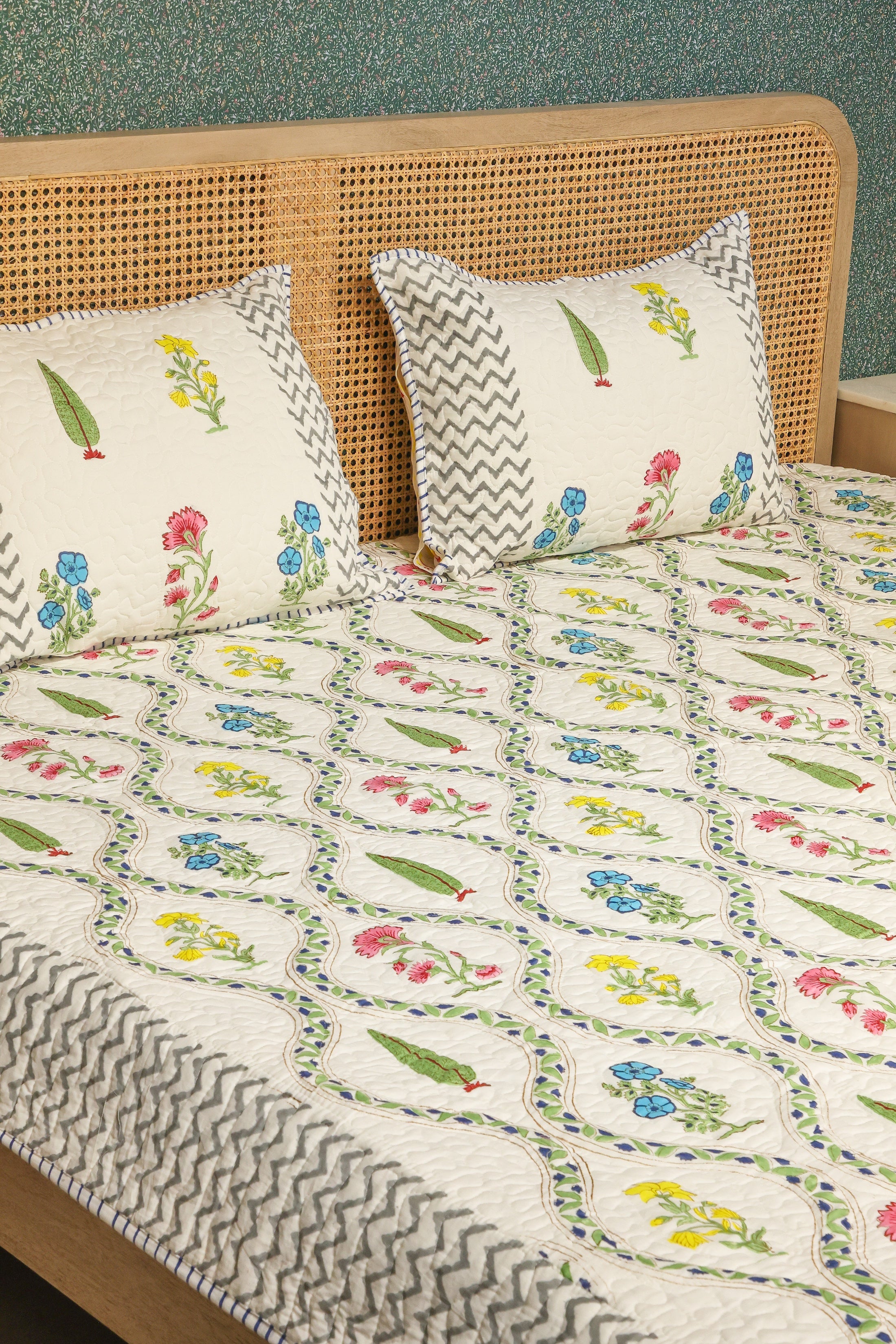 Handblock Printed Reversible Paani Jaal Quilted Bedcover with 2 Pillow Covers