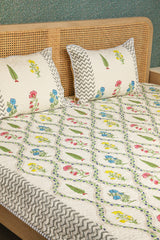 Handblock Printed Reversible Paani Jaal Quilted Bedcover with 2 Pillow Covers
