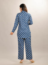 Elephant Print on Blue Cotton Shirt Set for Women