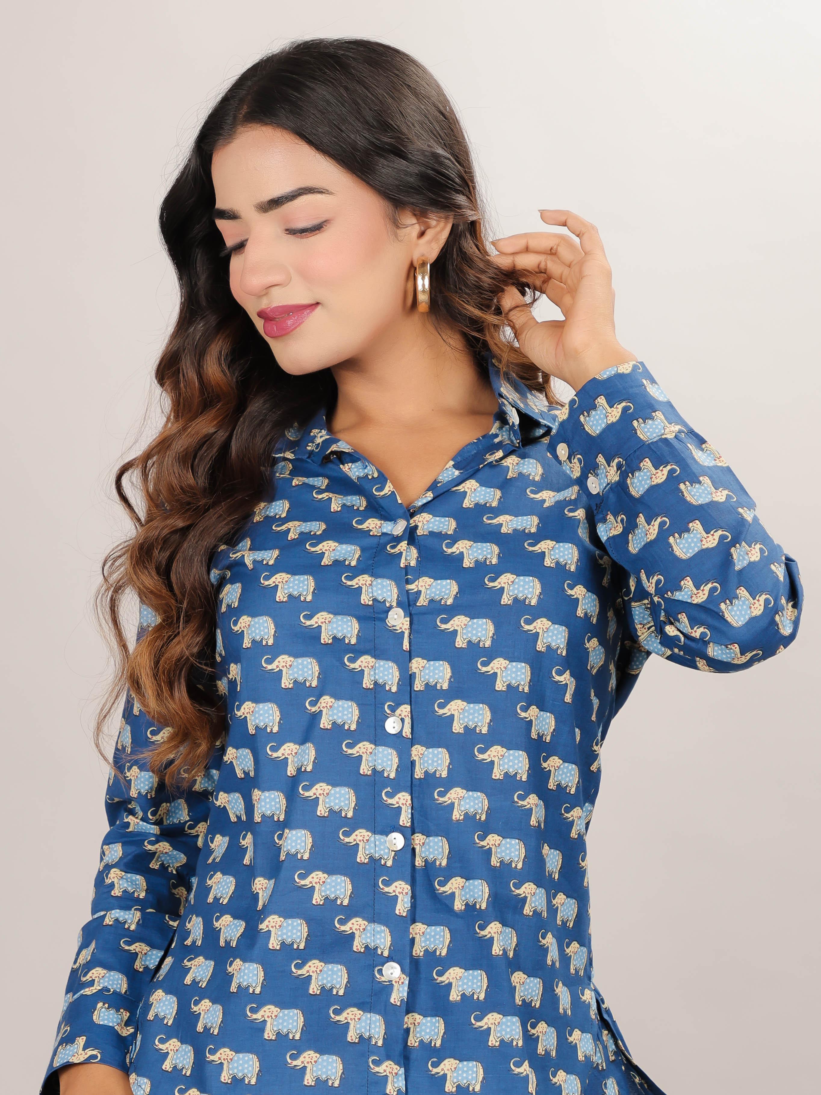Elephant Print on Blue Cotton Shirt Set for Women