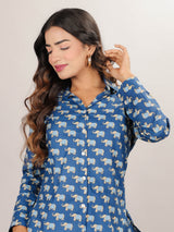 Elephant Print on Blue Cotton Shirt Set for Women