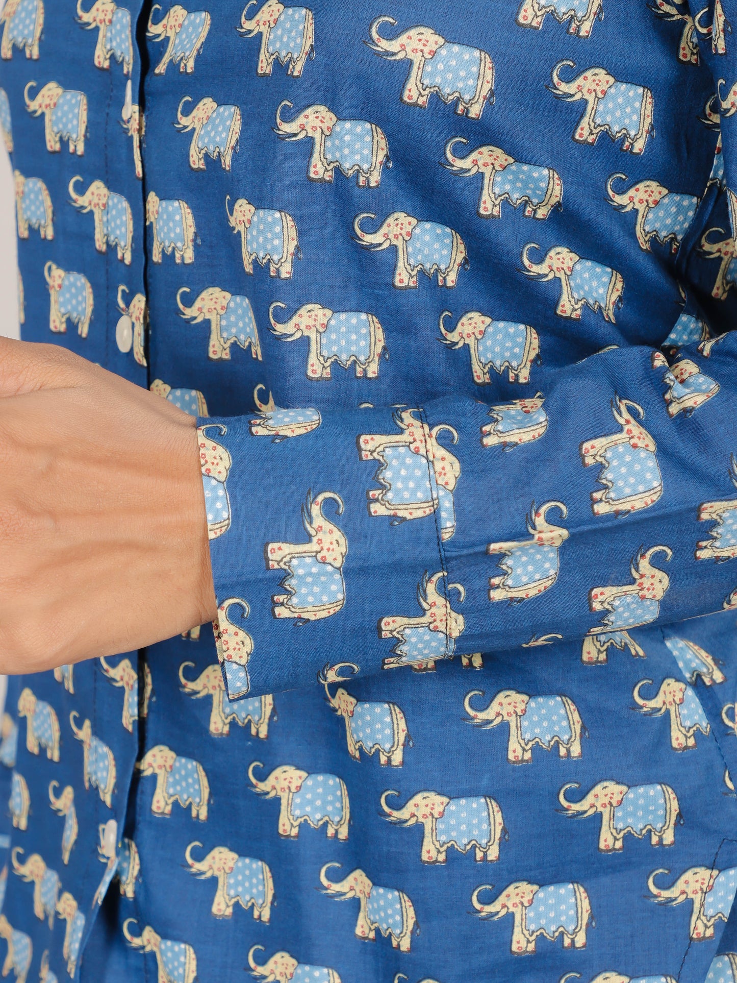Elephant Print on Blue Cotton Shirt Set for Women