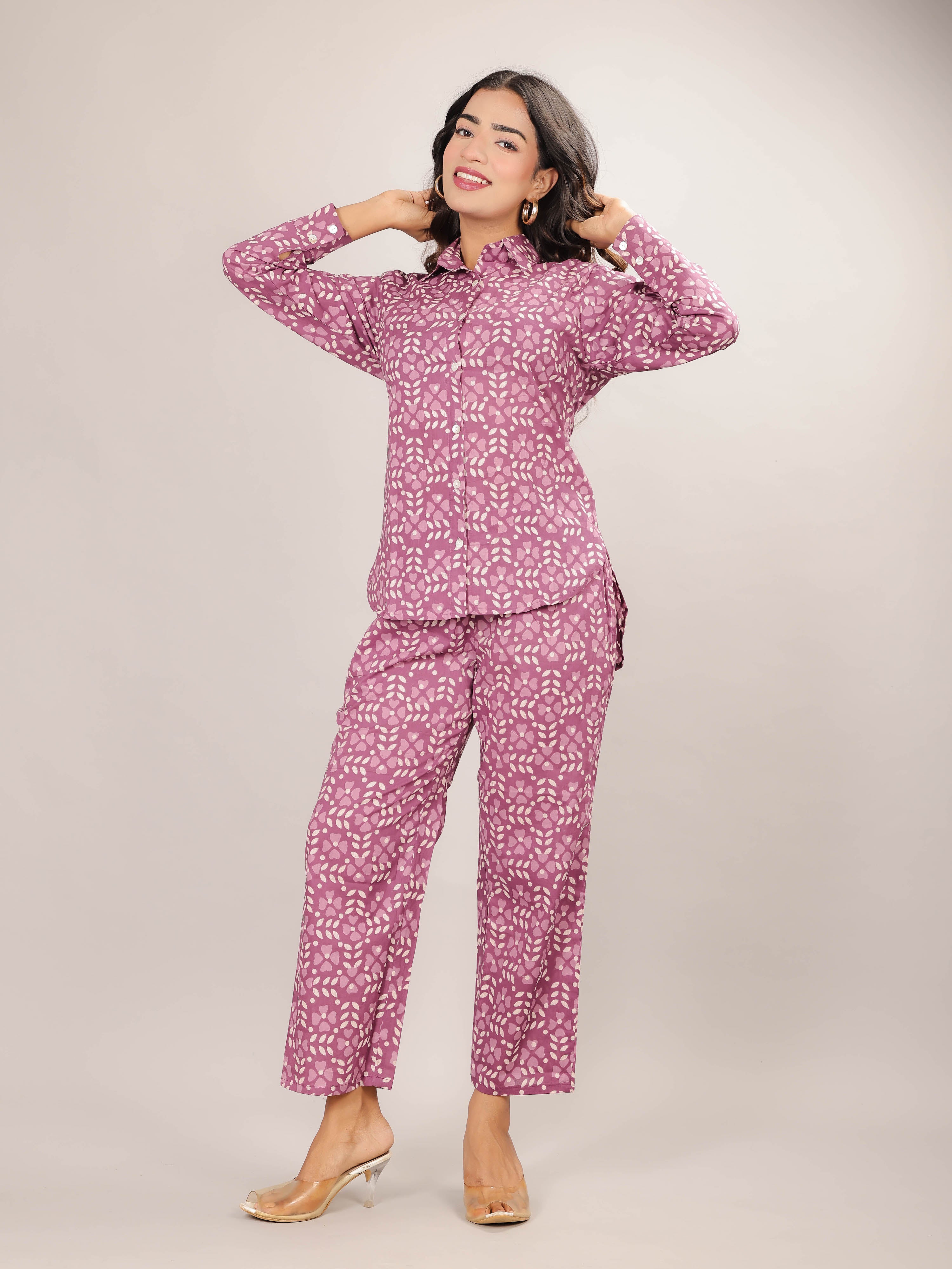 Mugal Print on Pink Cotton Shirt Set for Women