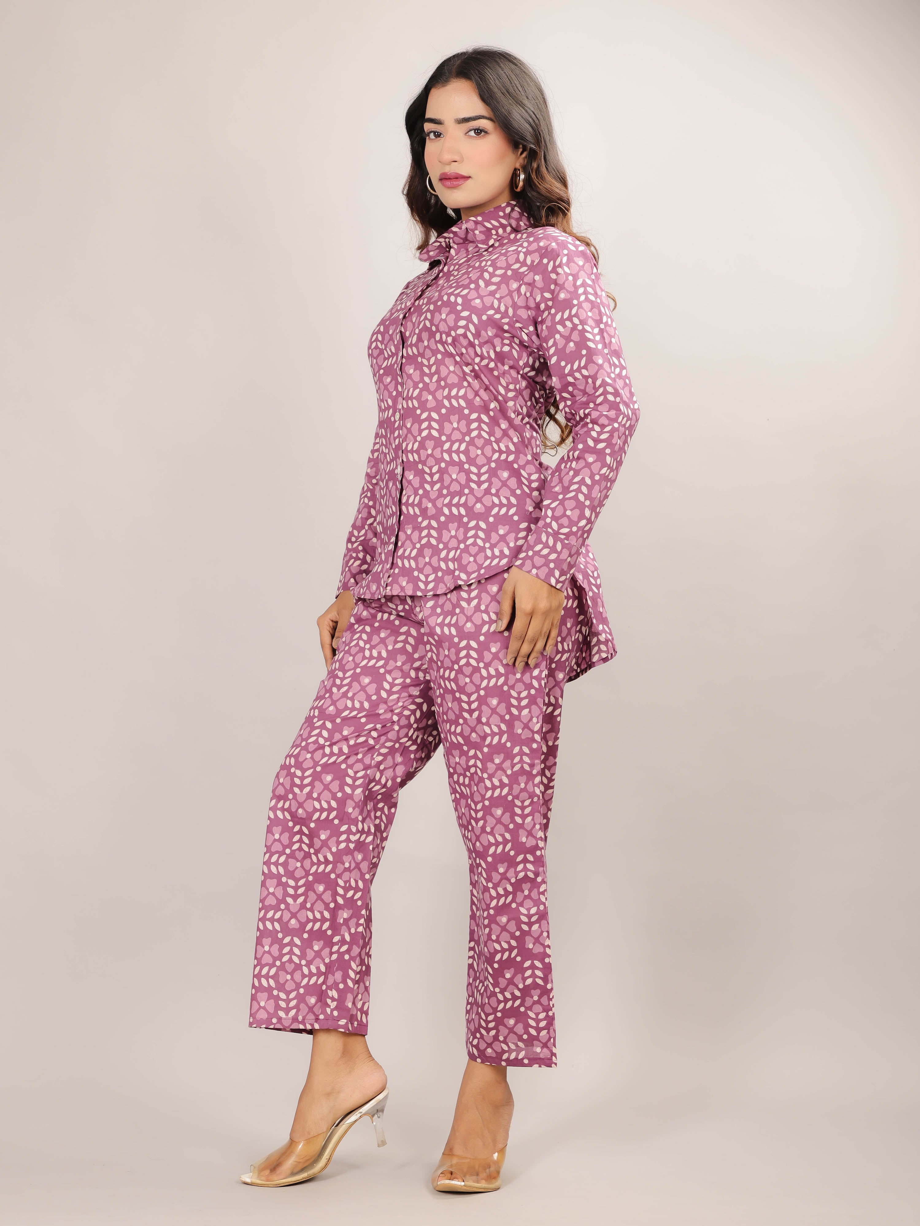 Mugal Print on Pink Cotton Shirt Set for Women