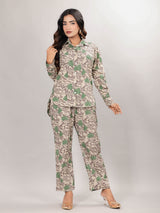Floral Print on Beige Cotton Shirt Set for Women