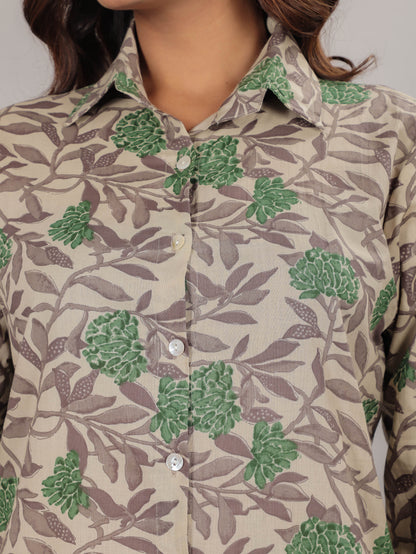 Floral Print on Beige Cotton Shirt Set for Women